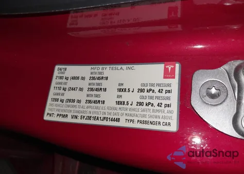 2018 Tesla Model 3 Long Range/Mid Range from USA, damaged, VIN 5YJ3E1EA1JF014448